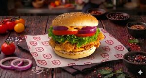 Burger Crispy cu Chifl, Crispy, Cartofi, Varz, Castravei, Sos