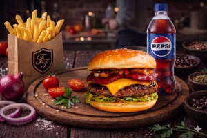 Menu Burger de Vit cu Burger de Vit, Cartofi Pai, Pepsi 0,5 L