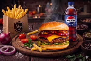 Menu Burger de Pui cu Burger de Pui, Cartofi Pai, Pepsi 0,5 L