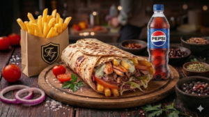 Menu Kebab Carne Mix cu Mix Kebab, Cartofi Pai, Pepsi 0,5 L