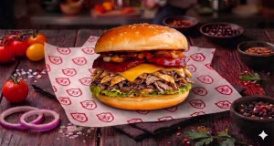 Burger Vertel cu Chifl, Carne, Cartofi, Varz, Castravei, Sos