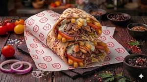Kebab Arab Vit/Miel cu Lava Arab, Carne, Cartofi, Varz, Castravei, Sos